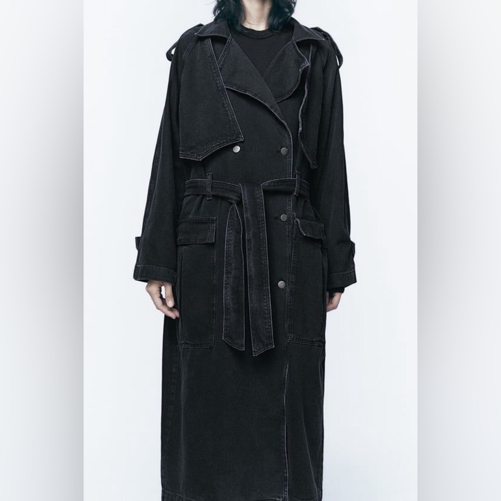 NEW ZARA Women's Black Denim Belted Trench Coat XS/S